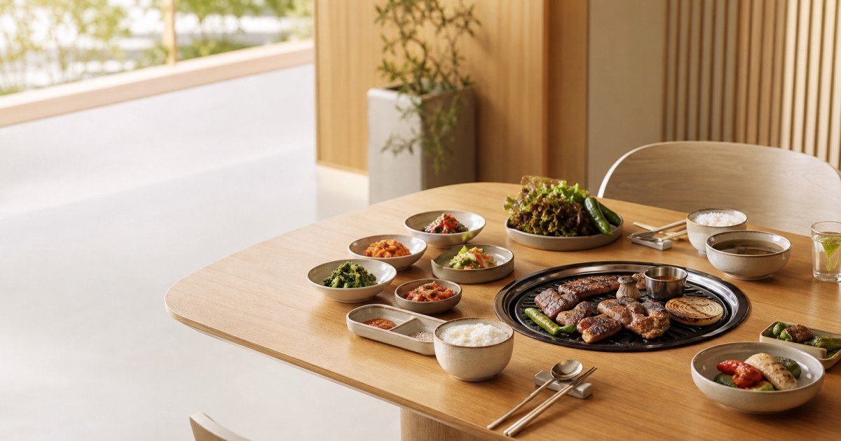 밝고 현대적인 공간에 차려진 소담온의 제철 숯불 한 상